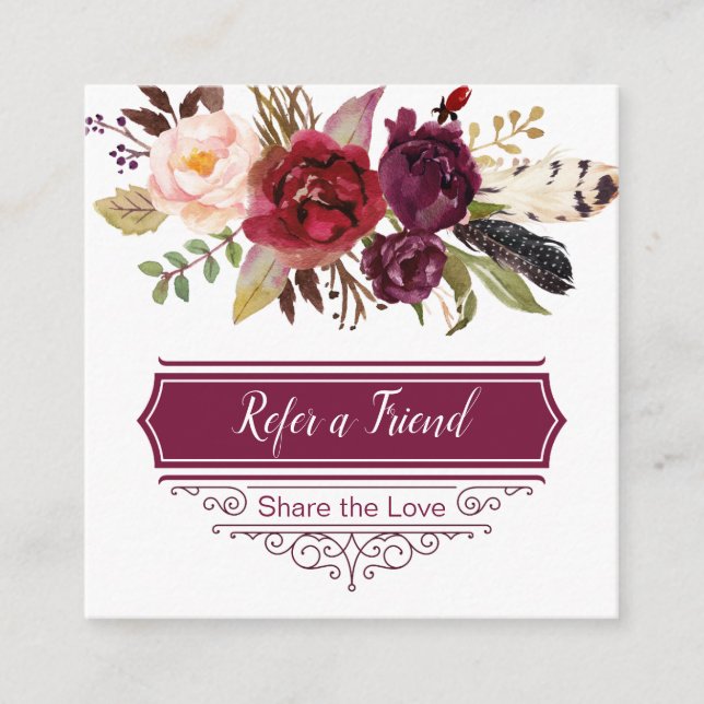 Marsala Burgundy Boho Roses Referral Card (Front)