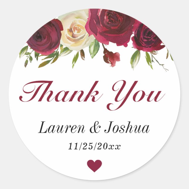Marsala Burgundy Fall Gift Wedding Thank You Classic Round Sticker (Front)