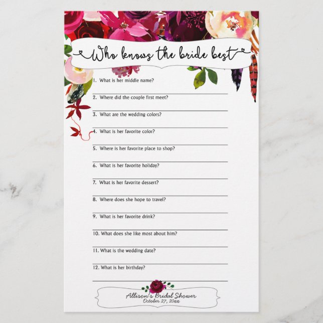 Marsala Burgundy Floral Bridal Shower Games (Front)