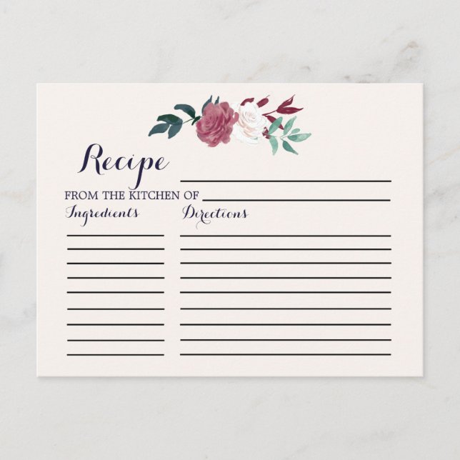 Marsala Burgundy Floral Bridal Shower Recipe Cards (Front)