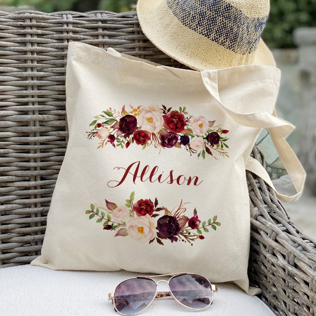 Marsala burgundy floral Bridesmaid Personalised Tote Bag (Creator Uploaded)
