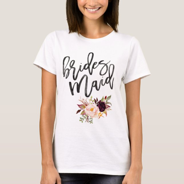Marsala burgundy Floral bridesmaid T-Shirt (Front)
