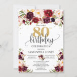 Marsala burgundy floral gold glitter 80th birthday invitation<br><div class="desc">For a truly elegant and sophisticated 50th birthday celebration, consider a marsala and burgundy floral design with touches of gold glitter. This combination exudes a sense of luxury and celebration, making it perfect for a milestone event like a 50th birthday. The deep red hues of marsala and burgundy bring a...</div>