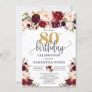 Marsala burgundy floral gold glitter 80th birthday invitation