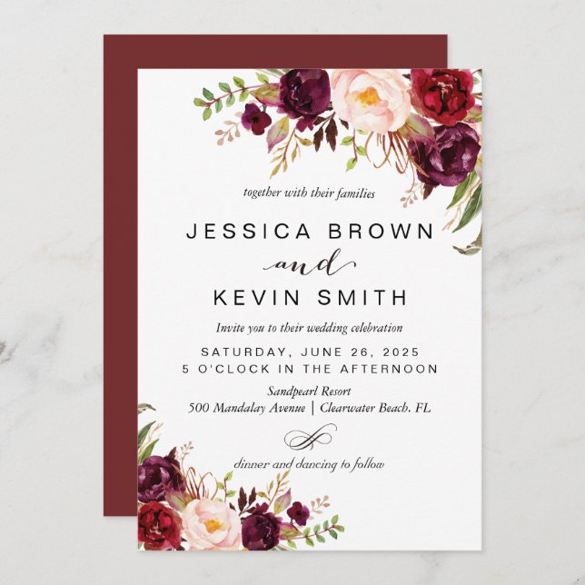Marsala burgundy floral invitation (Front/Back)