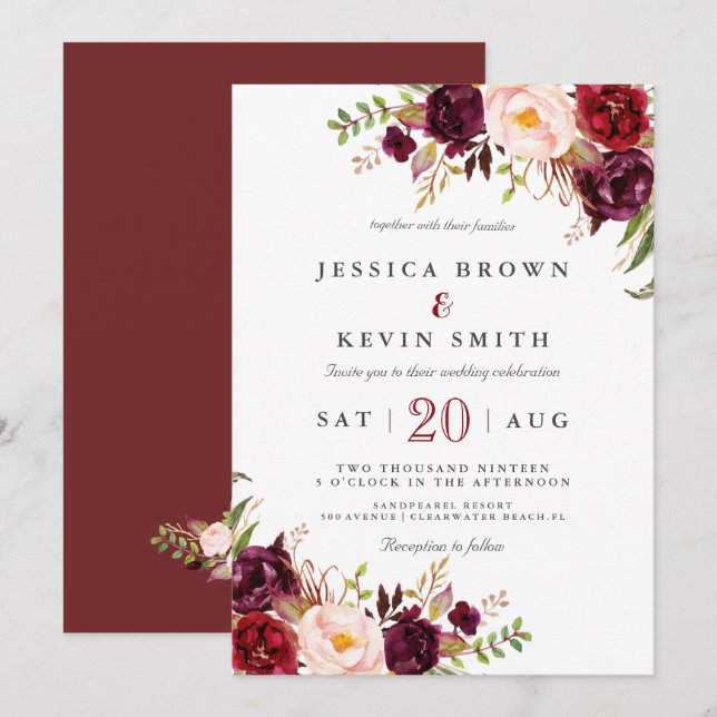 Marsala burgundy floral invitation (Front/Back)