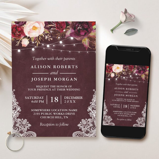 Marsala Burgundy Floral Lace String Lights Wedding Invitation (Embrace the beauty of this enchanting design to create cherished memories on your special day.)
