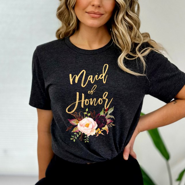 Marsala burgundy Floral Maid of honour T-Shirt (Creator Uploaded)