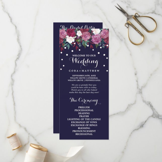 Marsala & Burgundy Floral on Navy Wedding Program Programme (Front/Back In Situ)