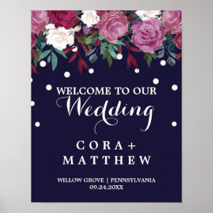 Marsala & Burgundy Floral on Navy Wedding Welcome Poster