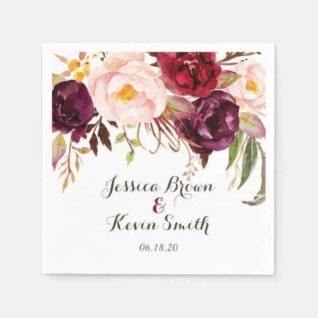 Marsala Burgundy Floral Personalised Wedding-2 Napkin (Front)