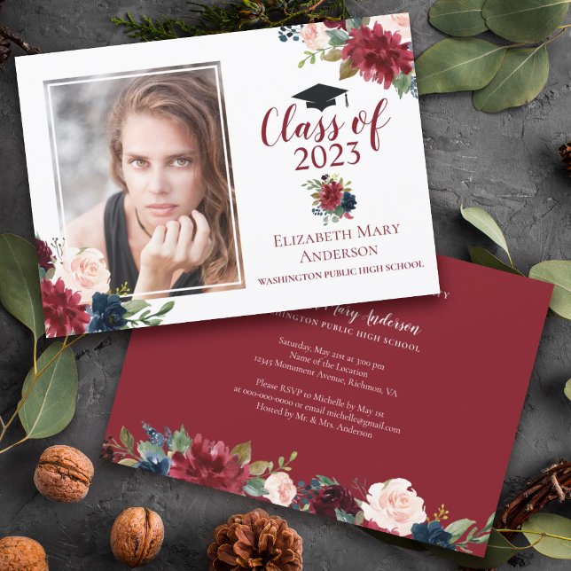 Marsala Burgundy Floral Photo Graduation Announcement (Creator Uploaded)