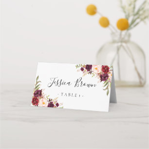 Marsala Burgundy Floral Wedding Place Card