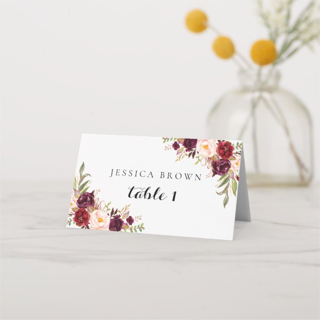 Marsala Burgundy Floral Wedding Place Card (Front)