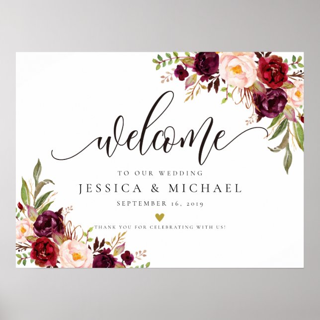 Marsala Burgundy Floral Wedding Welcome Sign (Front)