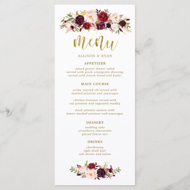 Marsala Burgundy Flowers Boho Wedding Menu (Front)