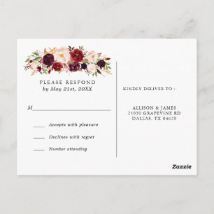 Marsala Burgundy Flowers Wedding RSVP Postcard