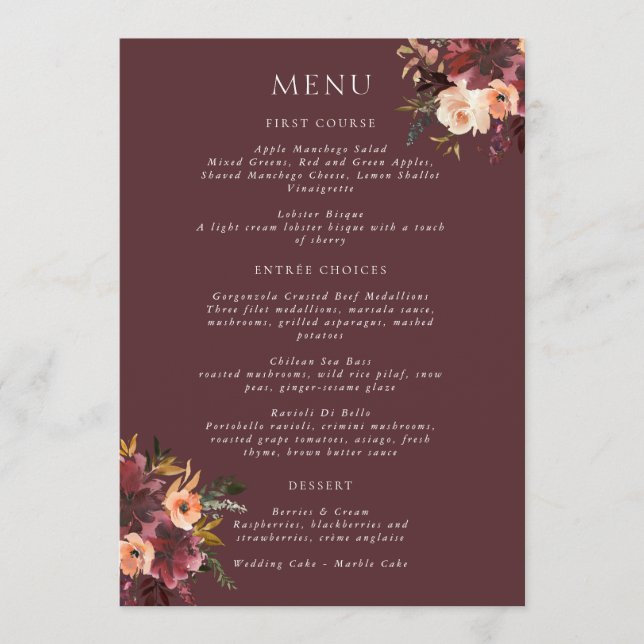 Marsala Burgundy Peach Watercolor Floral Menu (Front)