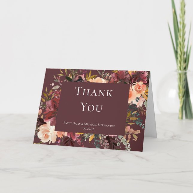Marsala Burgundy Peach Watercolor Floral Thank You Card (Front)