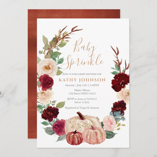 Marsala Burgundy Pumpkin Baby Sprinkle Invitation (Front/Back)
