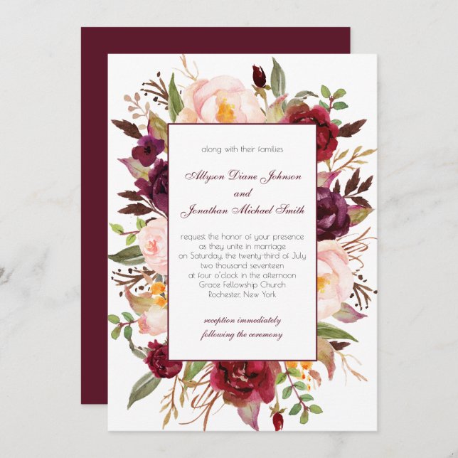 Marsala Burgundy Red White Roses Wedding Invite | (Front/Back)