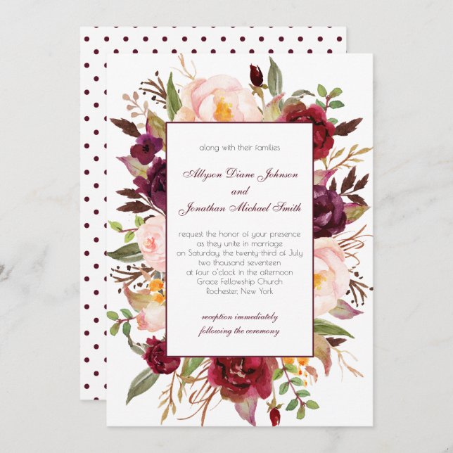 Marsala Burgundy Red White Roses Wedding Invite | (Front/Back)