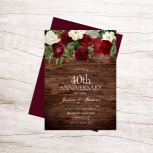 Marsala Burgundy Rustic Red Rose 40th Anniversary Invitation