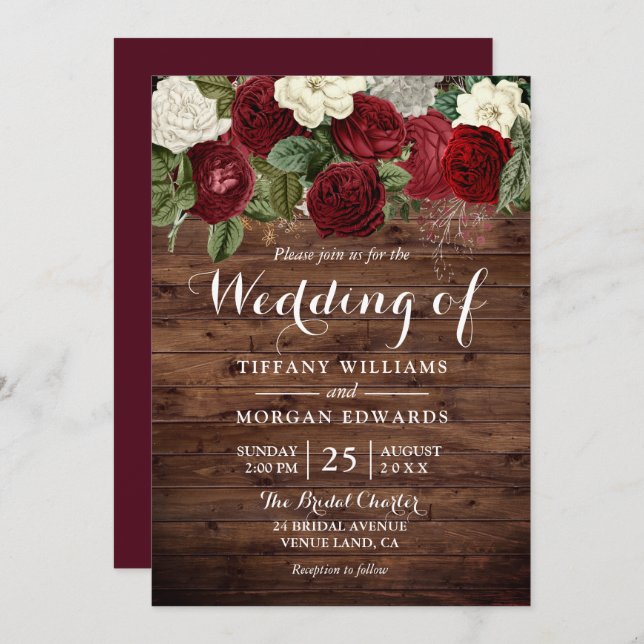Marsala Burgundy Rustic Red Roses Wedding Invitation (Front/Back)