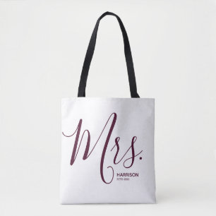 Marsala Burgundy Script White Personalised Mrs. Tote Bag