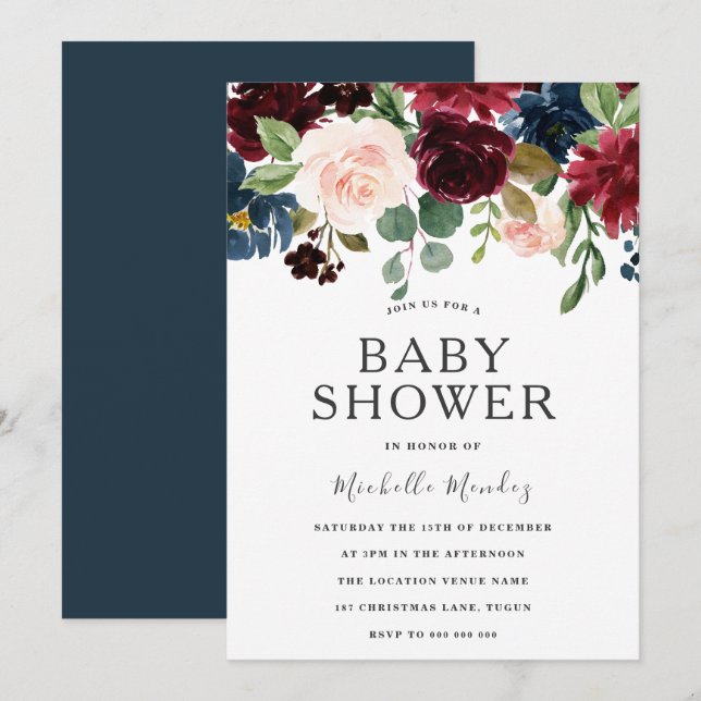 Marsala Burgundy Watercolor Flowers Baby Shower Invitation (Front/Back)