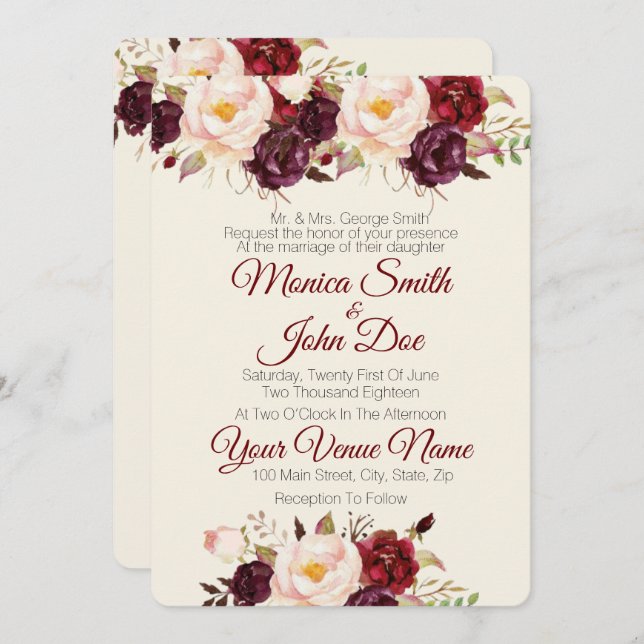 Marsala Burgundy Watercolor Wedding Invitation (Front/Back)