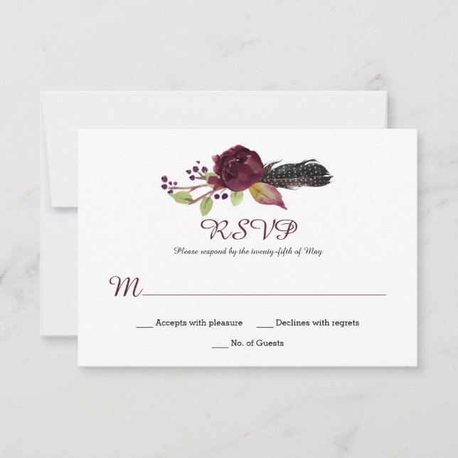 Marsala Burgundy White Red Roses Boho RSVP (Front)