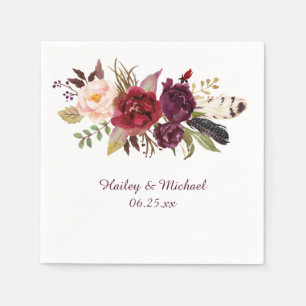 Marsala Burgundy White Roses Feathers Boho Napkin