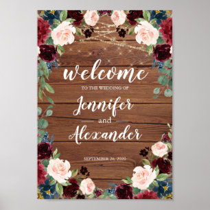 Marsala Burgundy Wood Floral Wedding Welcome Sign