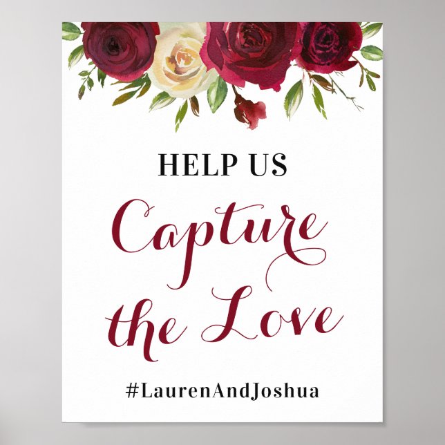 Marsala Capture the Love Hashtag Fall Wedding Sign (Front)