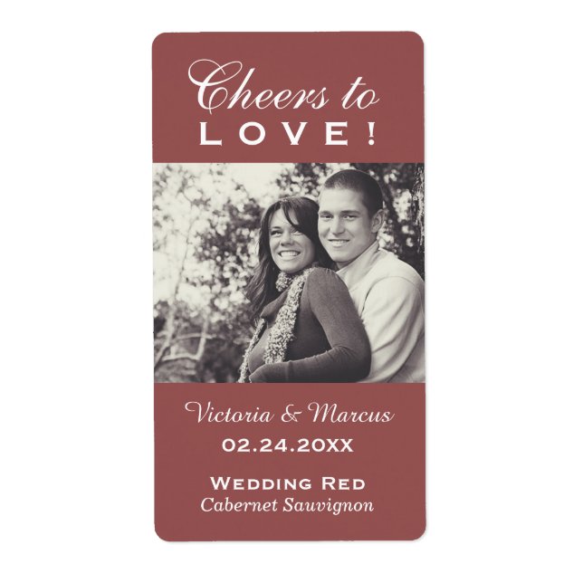 Marsala Cheers to Love Wedding Photo Wine Bottle (Front)