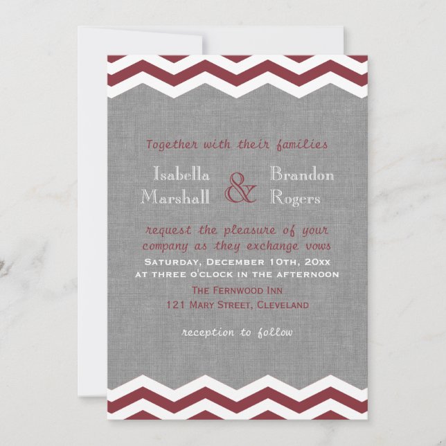 Marsala Chevrons on Grey Wedding Invitation (Front)