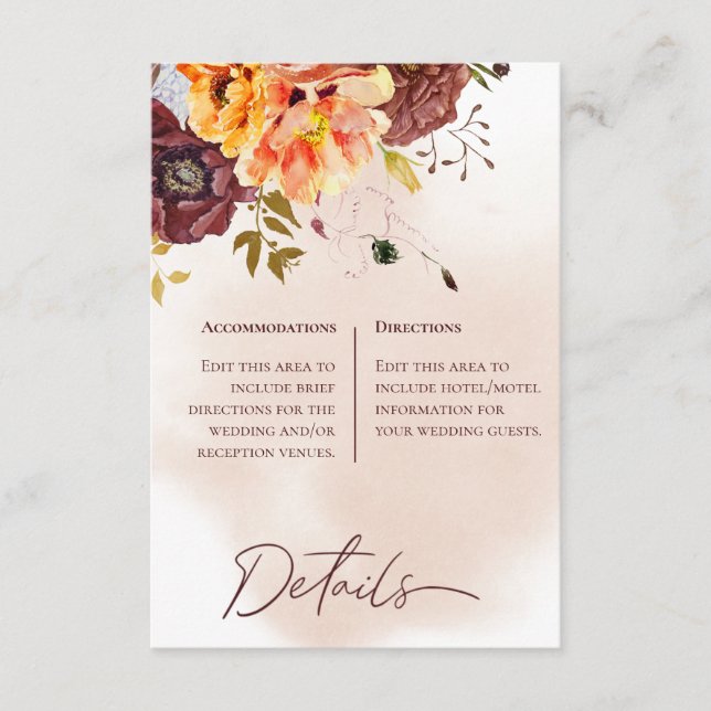 Marsala Clay & Yellow Bouquet Details Wedding Enclosure Card (Front)