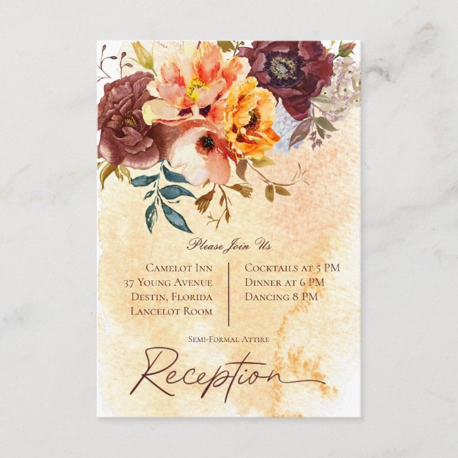 Marsala Clay & Yellow Bouquet Wedding Reception Enclosure Card (Front)