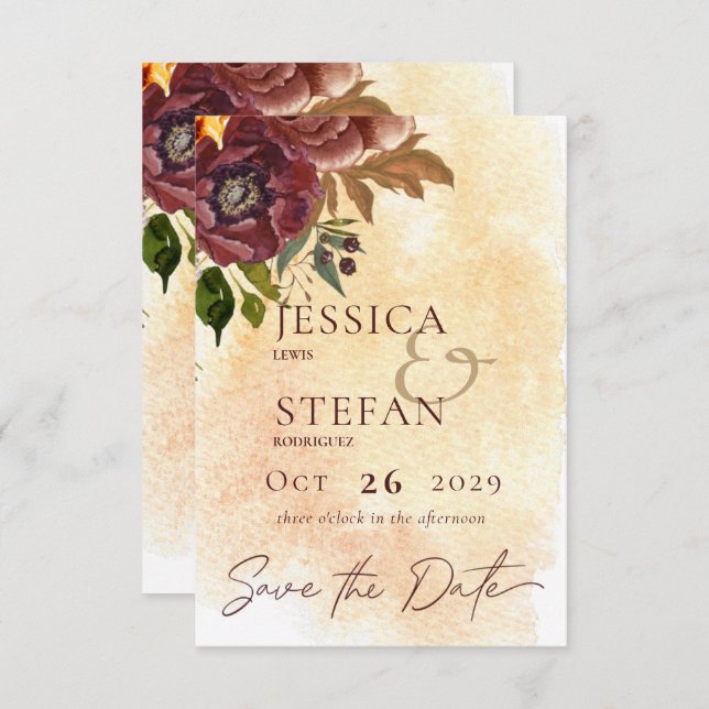 Marsala Clay & Yellow Bouquet Wedding Save The Date (Front/Back)