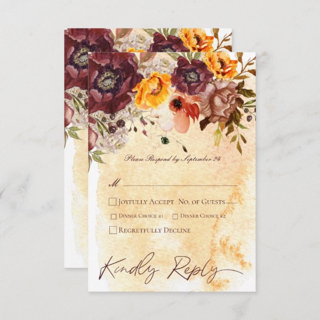 Marsala Clay & Yellow Bouquet Yellow Wedding RSVP Card (Front/Back)