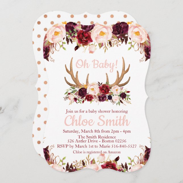 Marsala Floral Antler Baby Shower invitation (Front/Back)