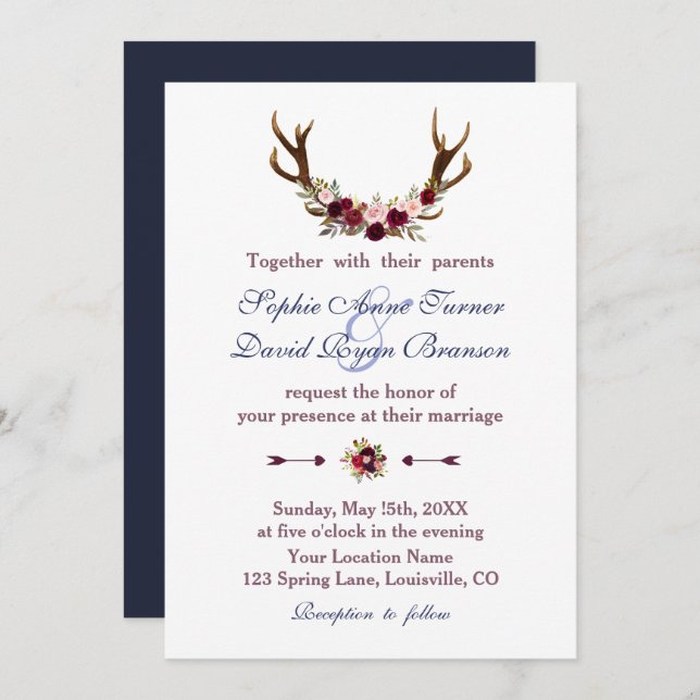 Marsala Floral Antlers Navy Blue Fall Wedding Invitation (Front/Back)