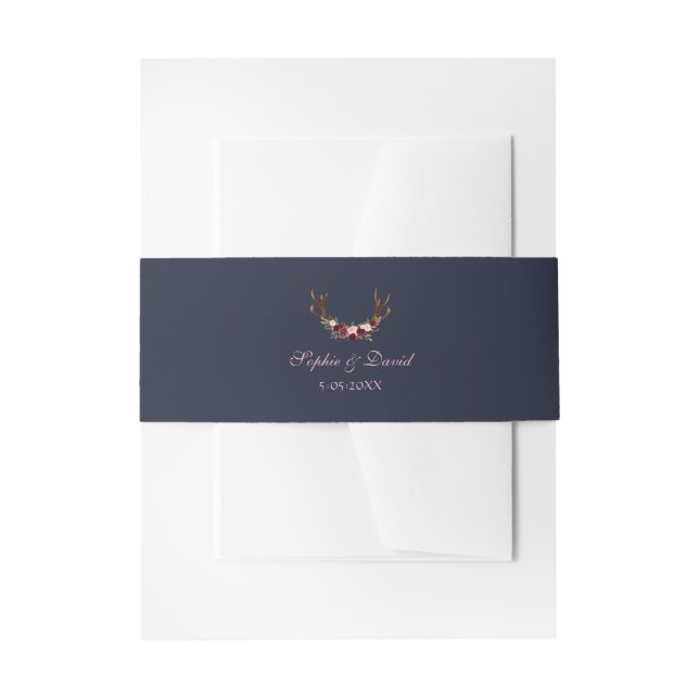 Marsala Floral Antlers Navy Blue Fall Wedding Invitation Belly Band (Front Example)