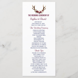 Marsala Floral Antlers Navy Blue Wedding Program Programme
