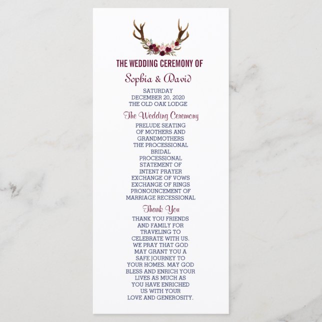 Marsala Floral Antlers Navy Blue Wedding Program Programme (Front)