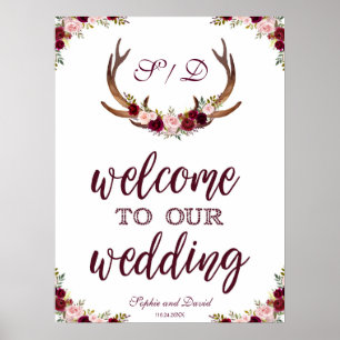 Marsala Floral Antlers Welcome To Our Wedding Sign