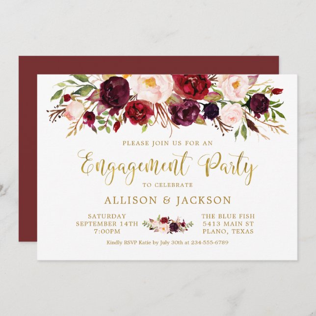 Marsala Floral Autumn Gold Engagement Party Card (Front/Back)