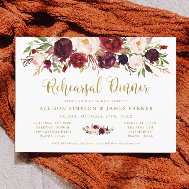 Marsala Floral Autumn Gold Rehearsal Dinner Card (Creator Uploaded)