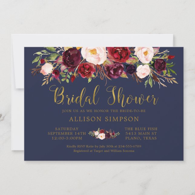 Marsala Floral Autumn Navy Bridal Shower Card (Front)